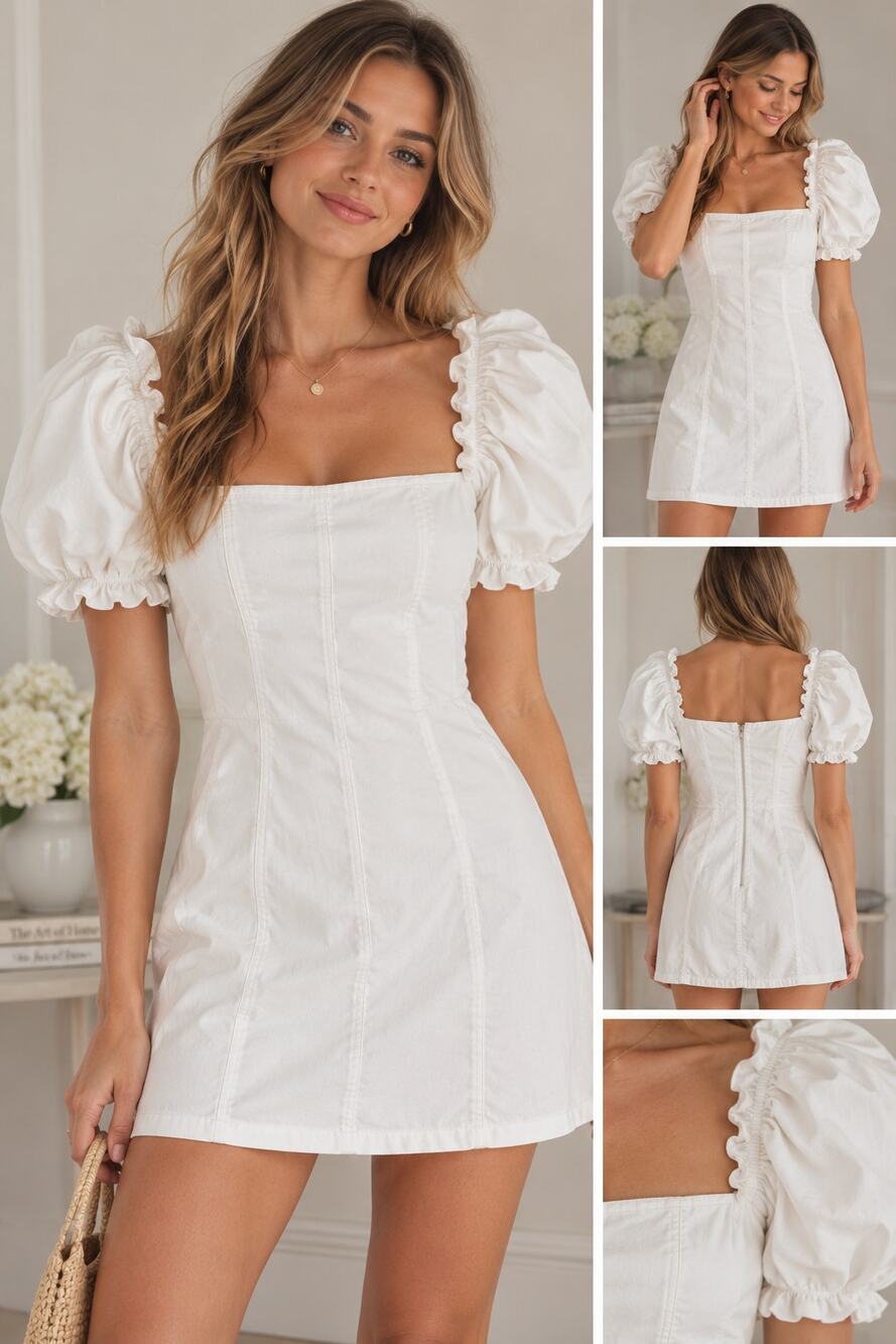 MABLE White Puff Sleeve Mini Dress Corset Square Neck Cotton Stretch NWT-L